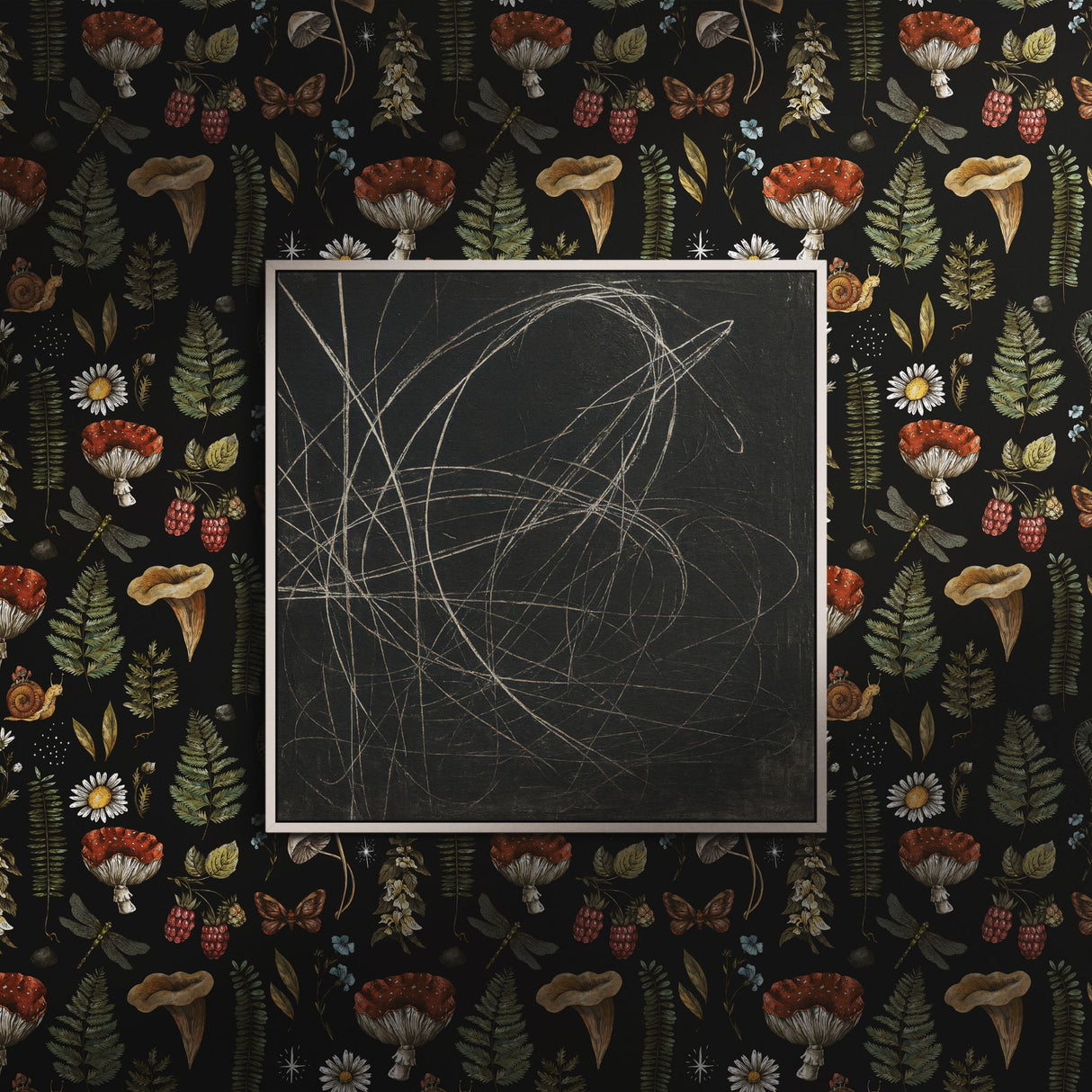 Forest Treasures | Dark Mushrooms & Ferns Botanical Forest Wallpaper Wallpaper Sckribbles