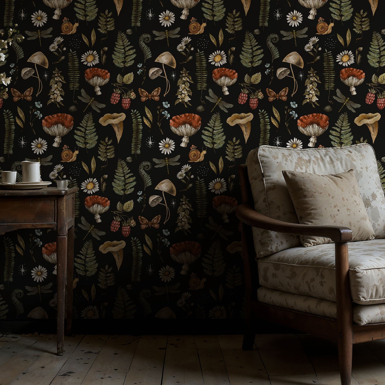 Forest Treasures | Dark Mushrooms & Ferns Botanical Forest Wallpaper Wallpaper Sckribbles