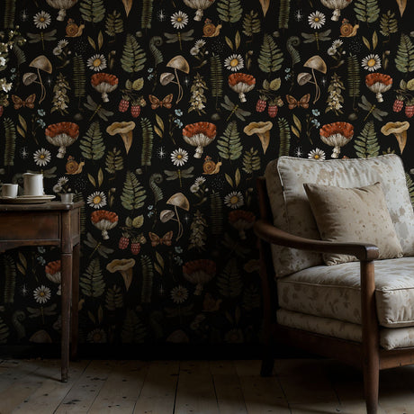 Forest Treasures | Dark Mushrooms & Ferns Botanical Forest Wallpaper Wallpaper Sckribbles