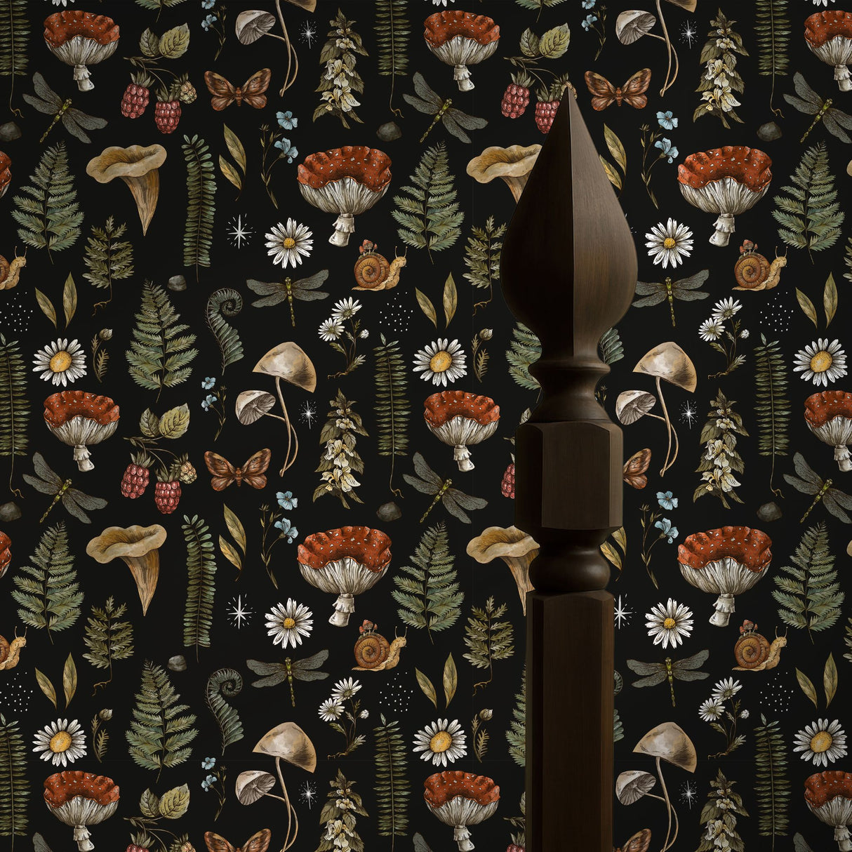 Forest Treasures | Dark Mushrooms & Ferns Botanical Forest Wallpaper Wallpaper Sckribbles