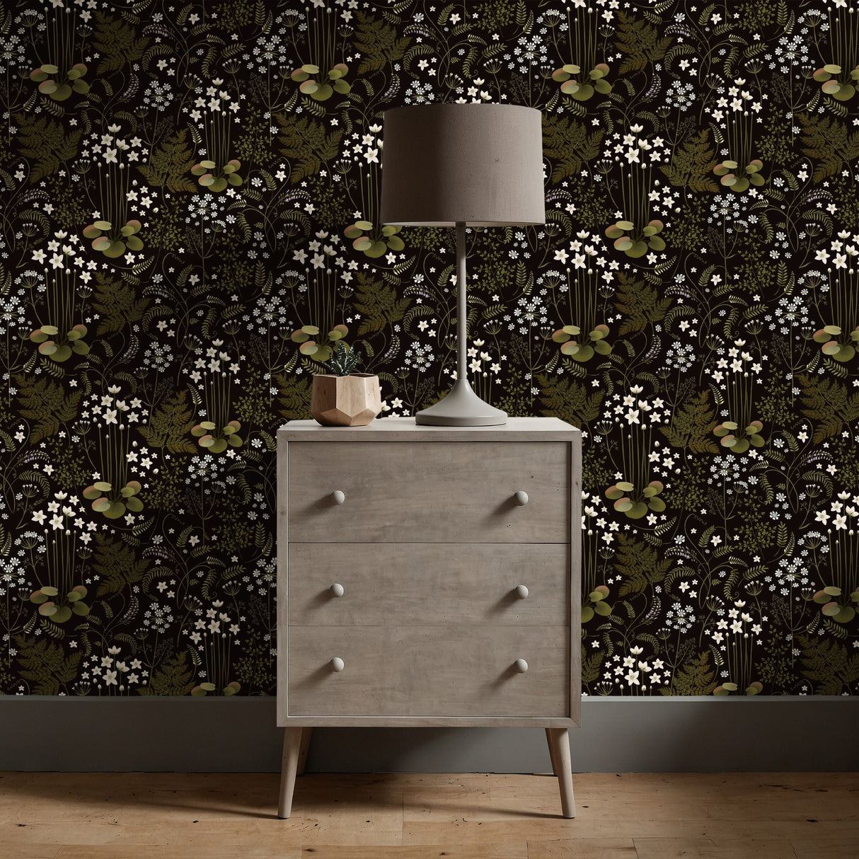 Fern Grotto | Dark Black and Green Floral Botanical Wallpaper Wallpaper Sckribbles