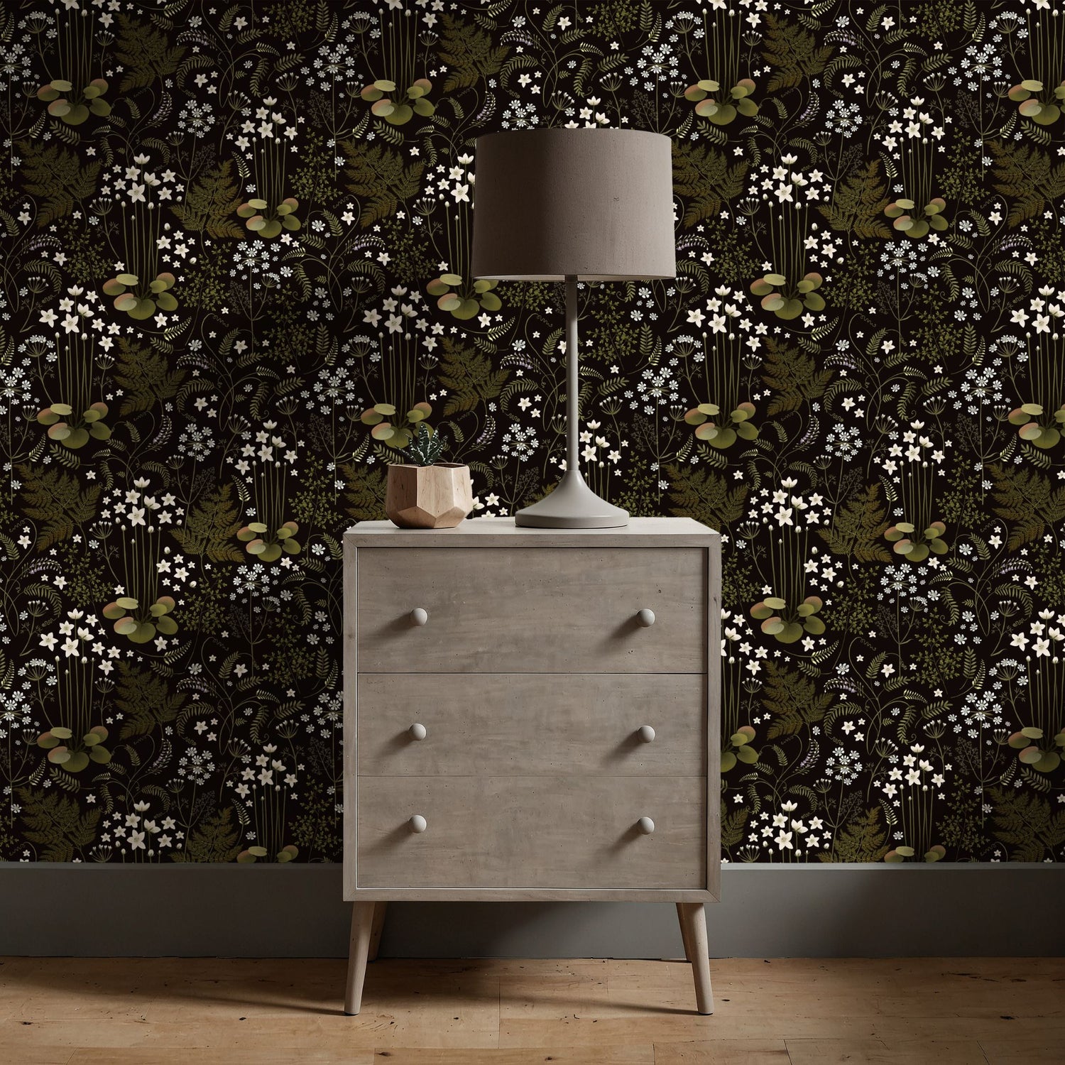 Fern Grotto | Dark Black and Green Floral Botanical Wallpaper Wallpaper Sckribbles
