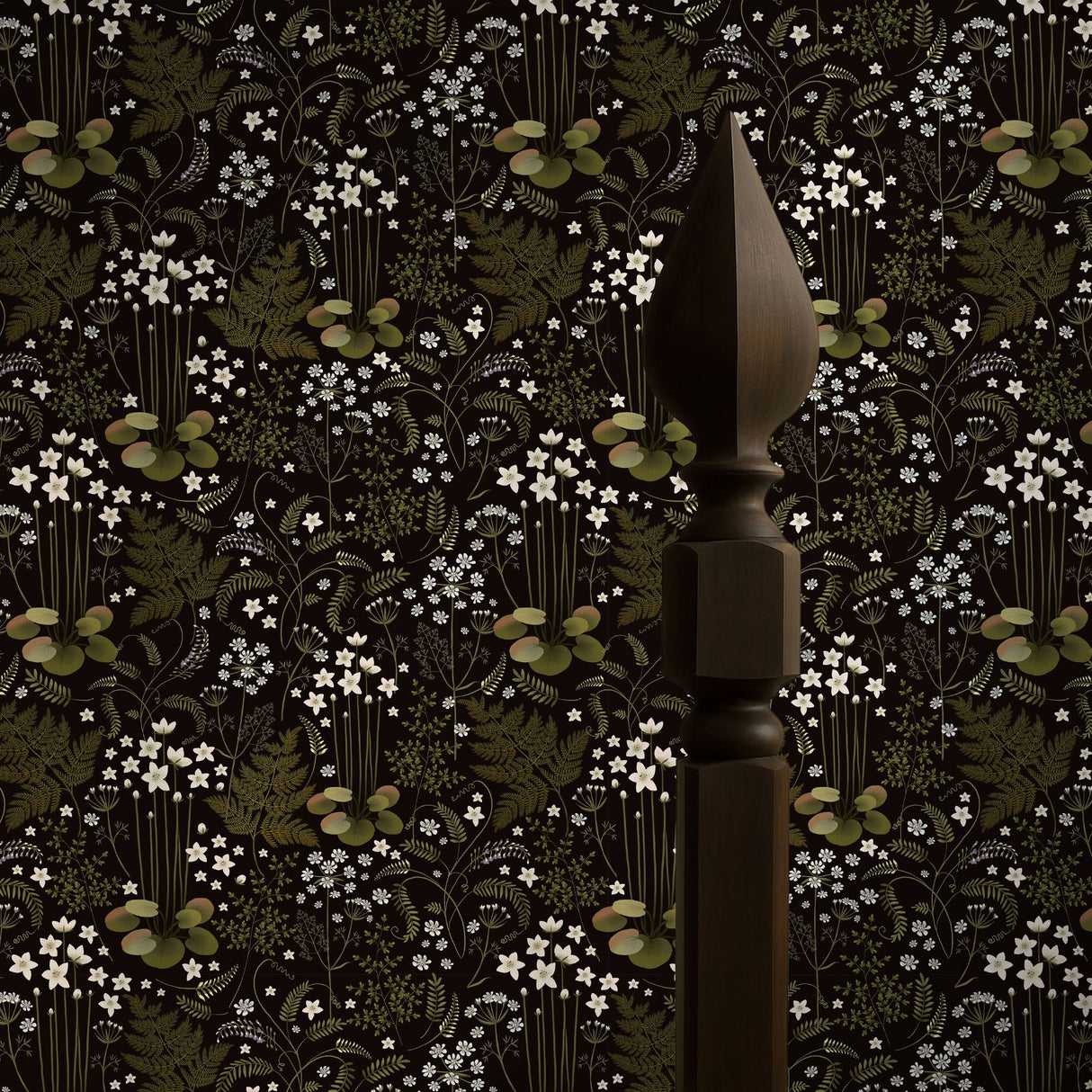 Fern Grotto | Dark Black and Green Floral Botanical Wallpaper Wallpaper Sckribbles