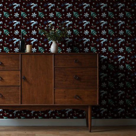 Winter Wonderland | Dark Brown & Blue Christmas Holiday Wallpaper Wallpaper Sckribbles