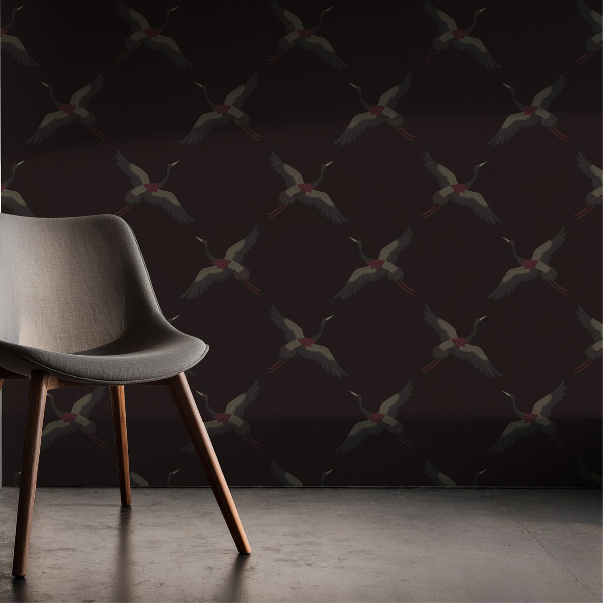 Skyward Grace | Dark Moody Maroon & Gray Crane Wallpaper Wallpaper Sckribbles