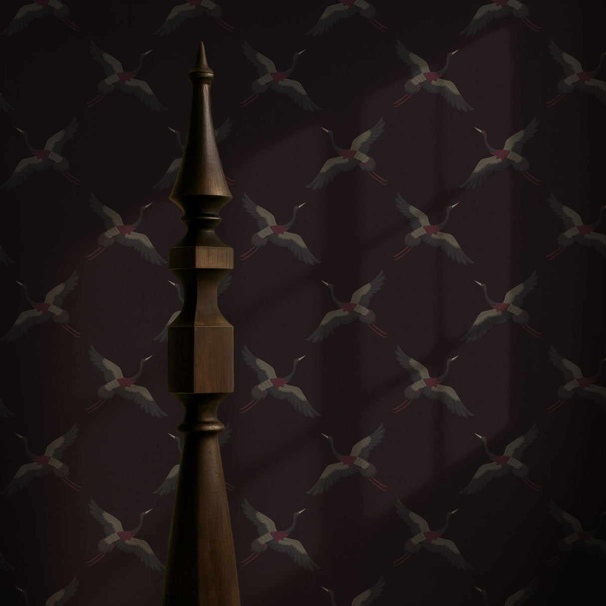 Skyward Grace | Dark Moody Maroon & Gray Crane Wallpaper Wallpaper Sckribbles