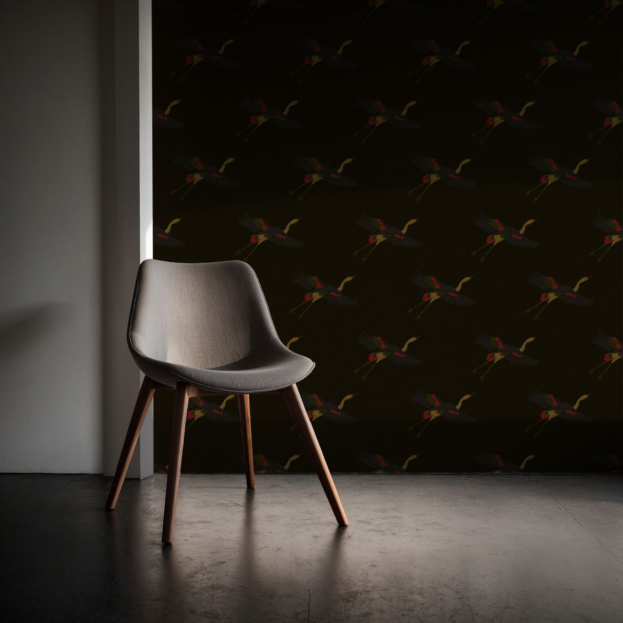 Taking Flight | Dark Moody Brown Asian Crane Wallpaper Wallpaper Sckribbles