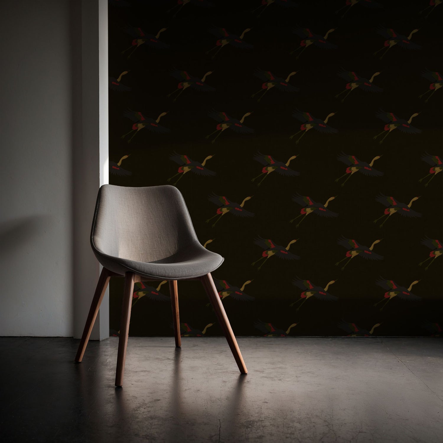 Taking Flight | Dark Moody Brown Asian Crane Wallpaper Wallpaper Sckribbles
