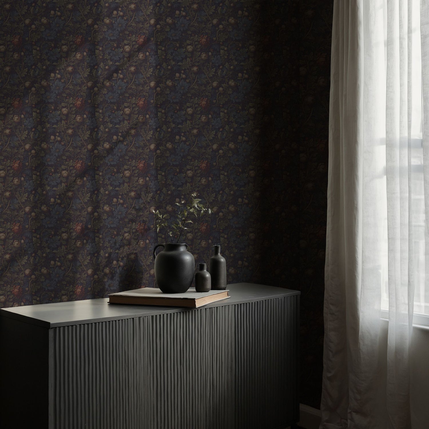 Floral Weave | Dark Fancy Leafy Vines Flower Wallpaper Wallpaper Sckribbles