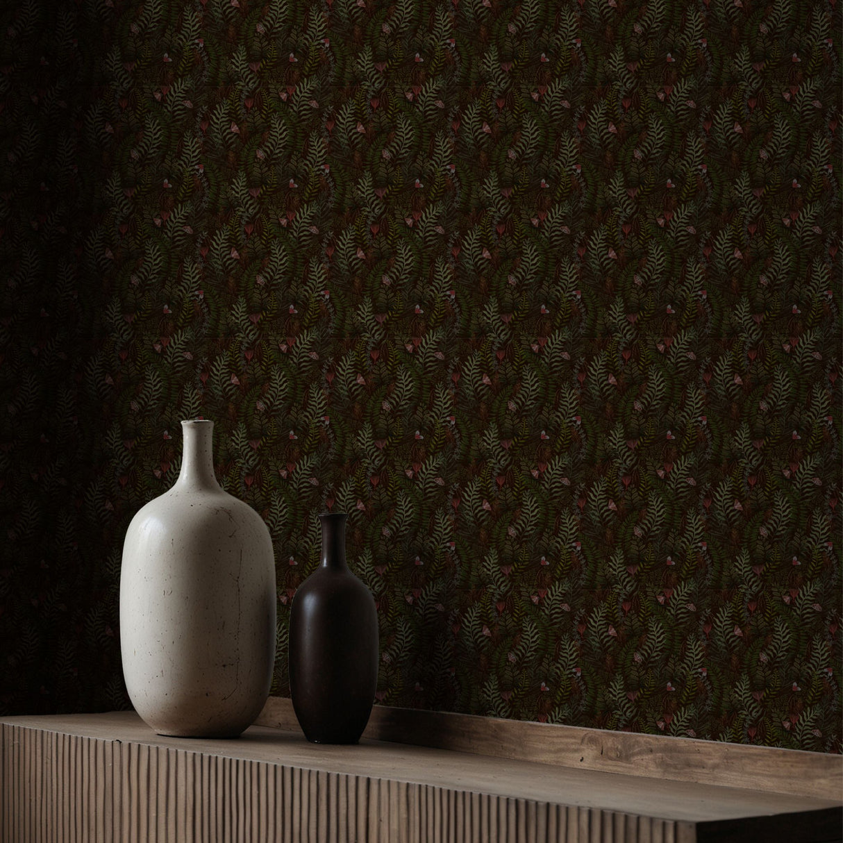 Fern & Flutter | Green Dark Moody Butterfly Botanical Wallpaper Wallpaper Sckribbles