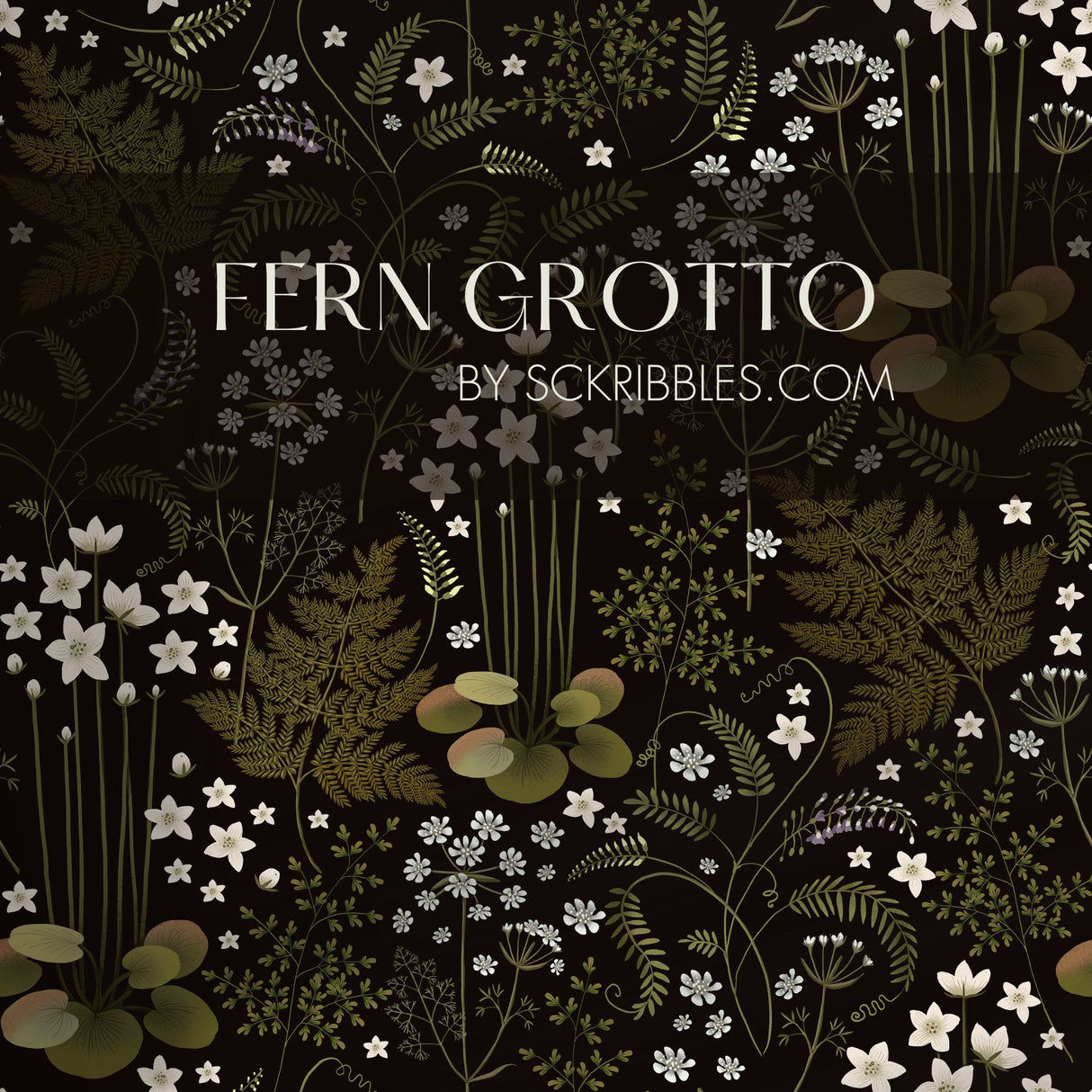 Fern Grotto | Dark Black and Green Floral Botanical Wallpaper Wallpaper Sckribbles