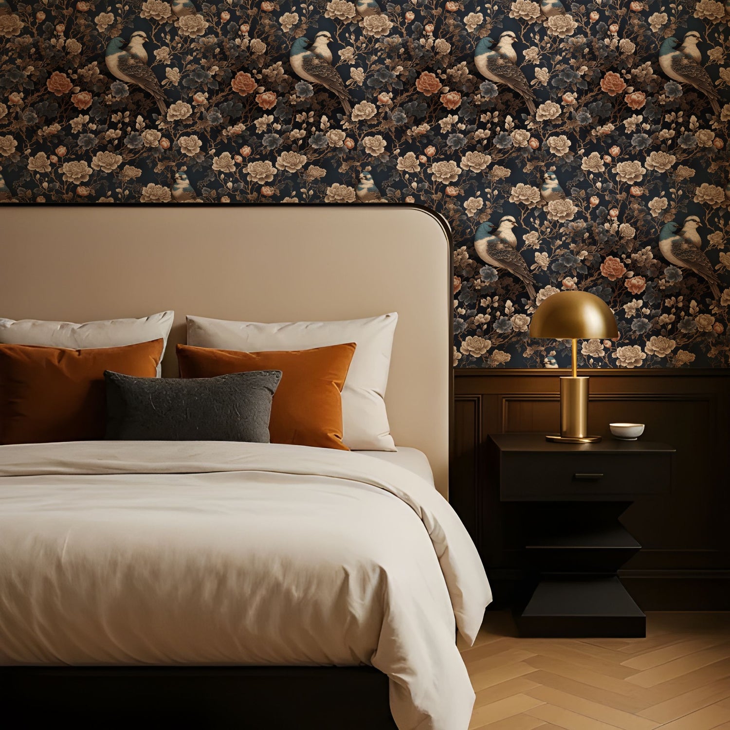 Oriental Flight | Dark Floral Bird Chinoiserie Wallpaper Wallpaper Sckribbles