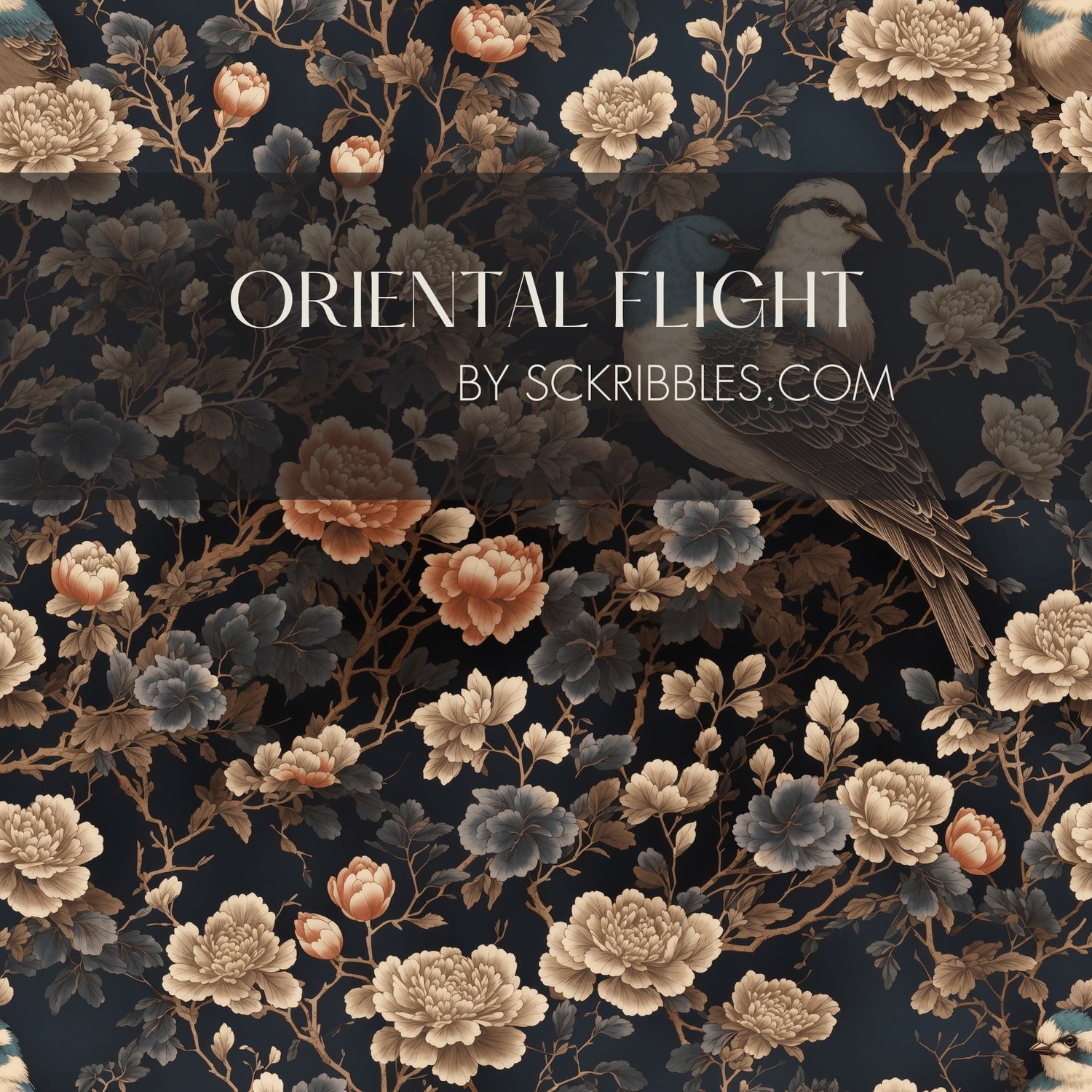 Oriental Flight | Dark Floral Bird Chinoiserie Wallpaper Wallpaper Sckribbles
