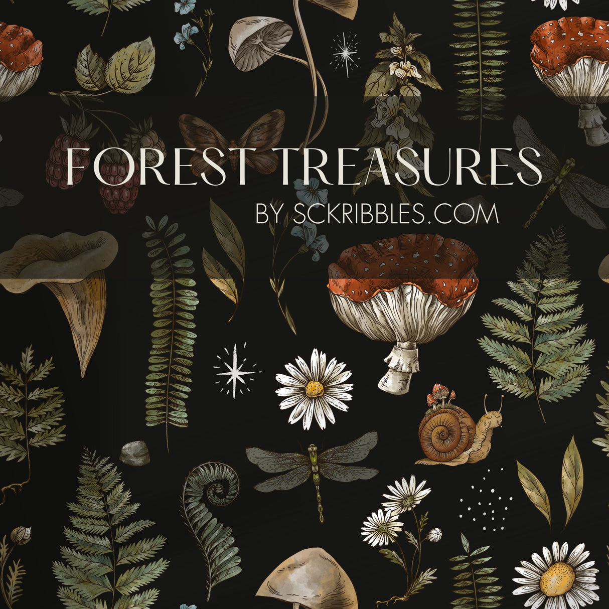 Forest Treasures | Dark Mushrooms & Ferns Botanical Forest Wallpaper Wallpaper Sckribbles