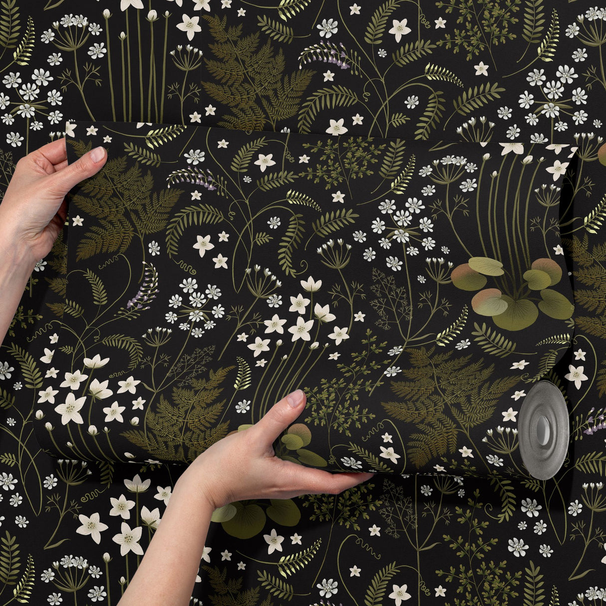 Fern Grotto | Dark Black and Green Floral Botanical Wallpaper Wallpaper Sckribbles
