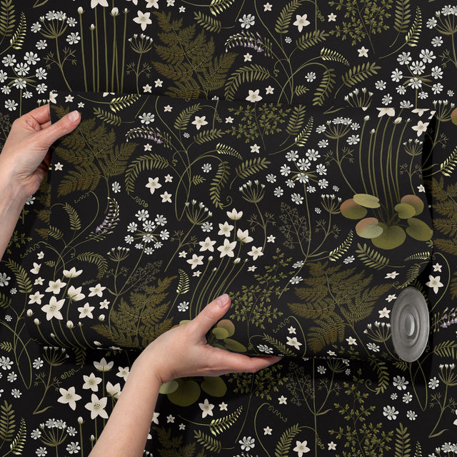 Fern Grotto | Dark Black and Green Floral Botanical Wallpaper Wallpaper Sckribbles