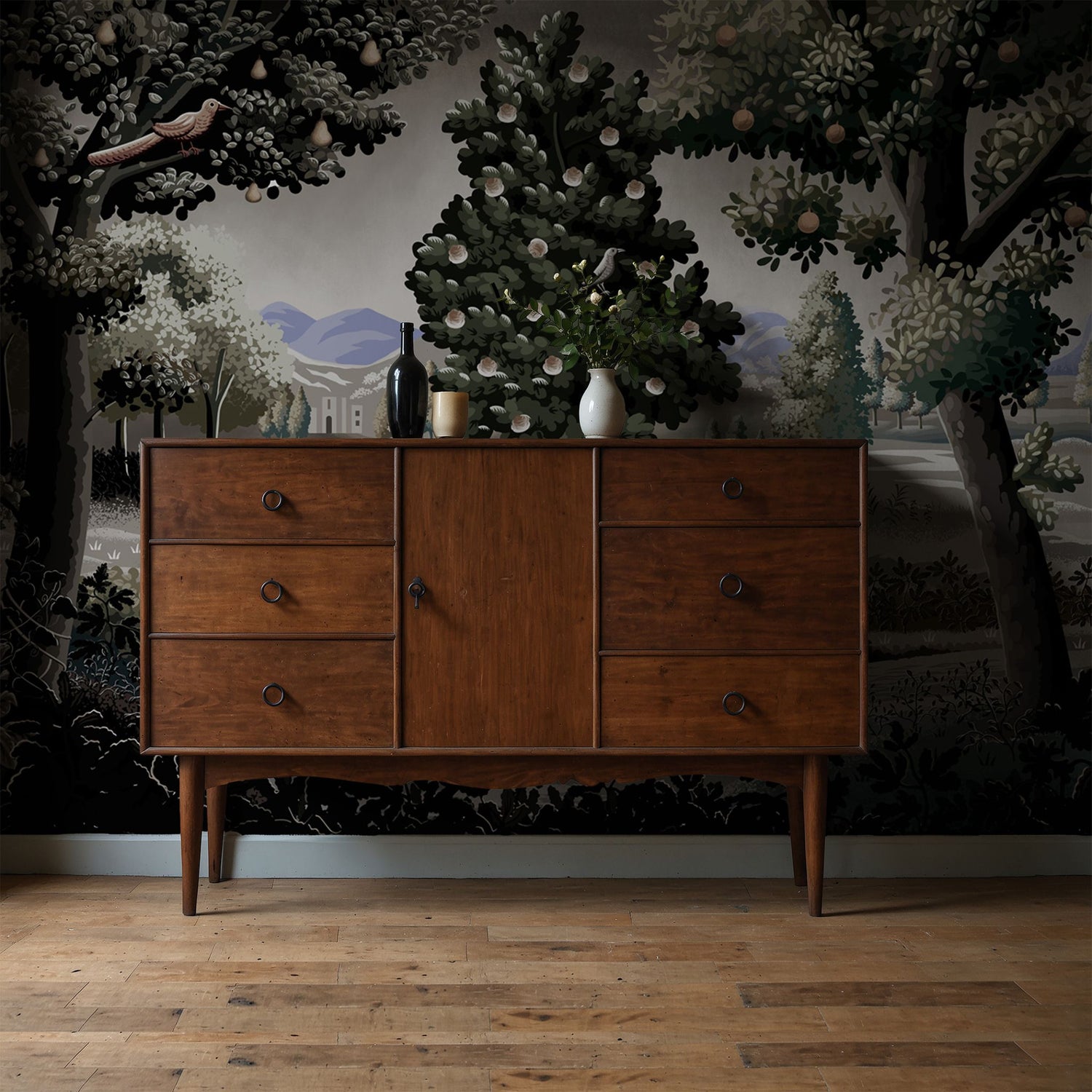 Wild Orchard | Moody Scenic Fruit Trees Landscape Wallpaper Mural Wallpaper Mural Sckribbles