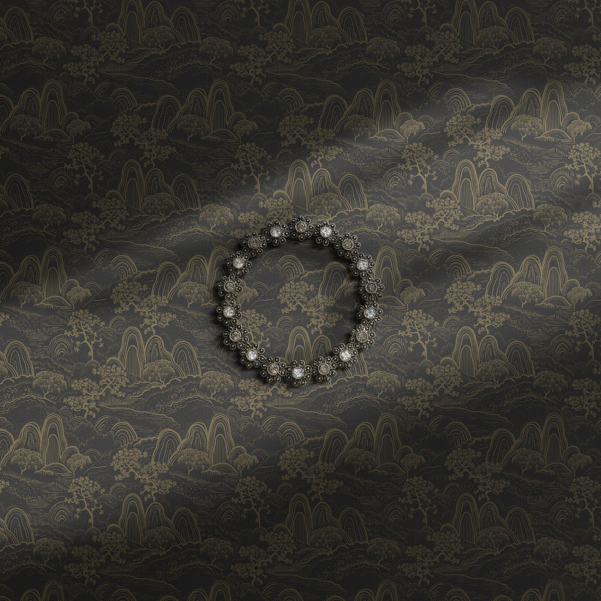 Dark and moody brown Asian-inspired botanical wallpaper.