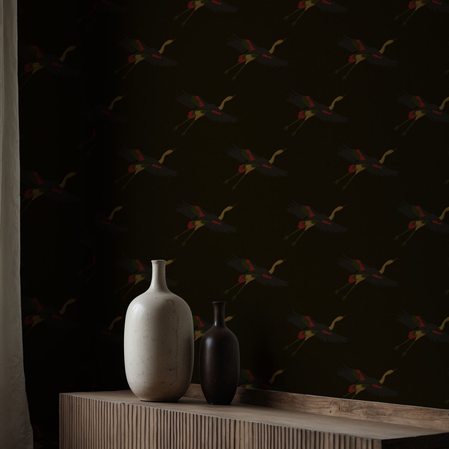 Taking Flight | Dark Moody Brown Asian Crane Wallpaper Wallpaper Sckribbles