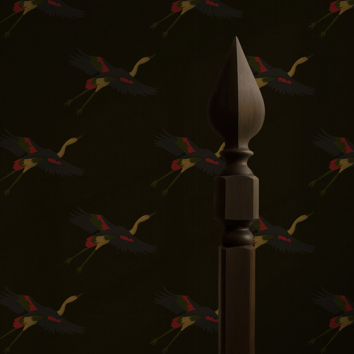 Taking Flight | Dark Moody Brown Asian Crane Wallpaper Wallpaper Sckribbles