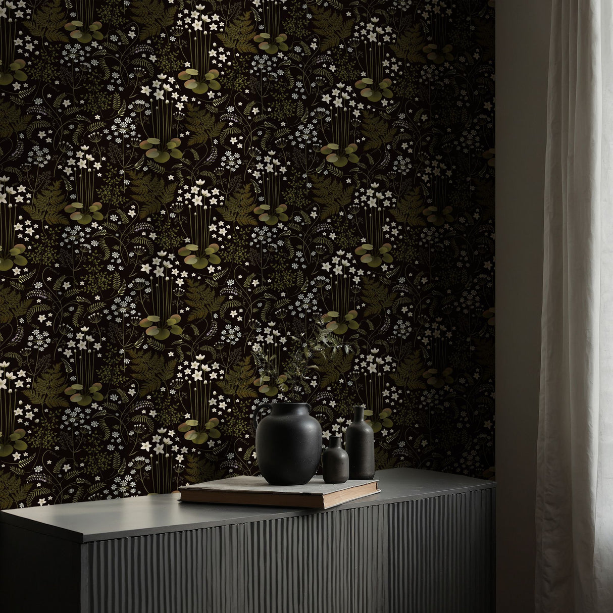 Fern Grotto | Dark Black and Green Floral Botanical Wallpaper Wallpaper Sckribbles