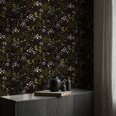 Fern Grotto | Dark Black and Green Floral Botanical Wallpaper Wallpaper Sckribbles