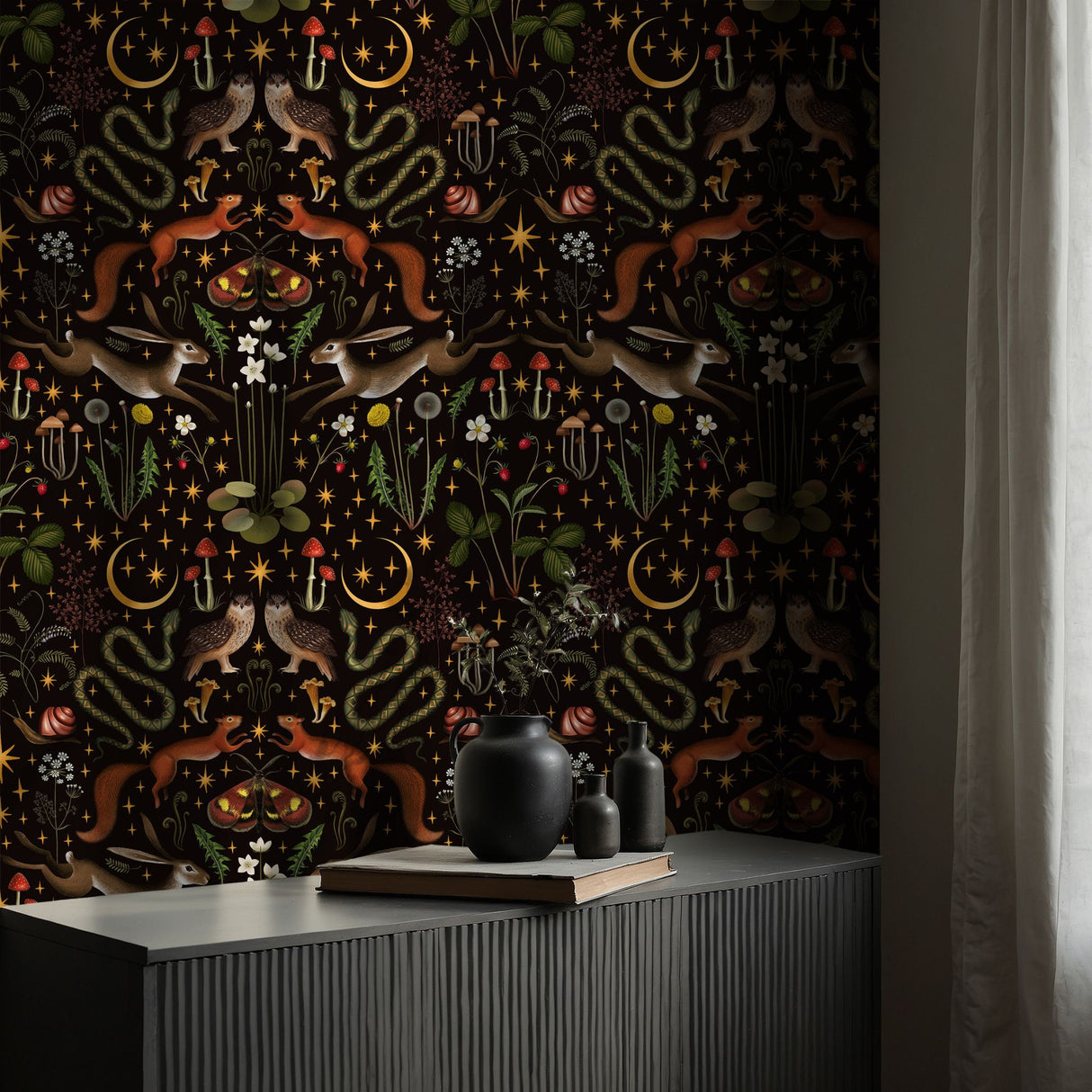 Mystic Forest | Dark Moody Whimsical Woodland Animal Wallpaper Wallpaper Sckribbles