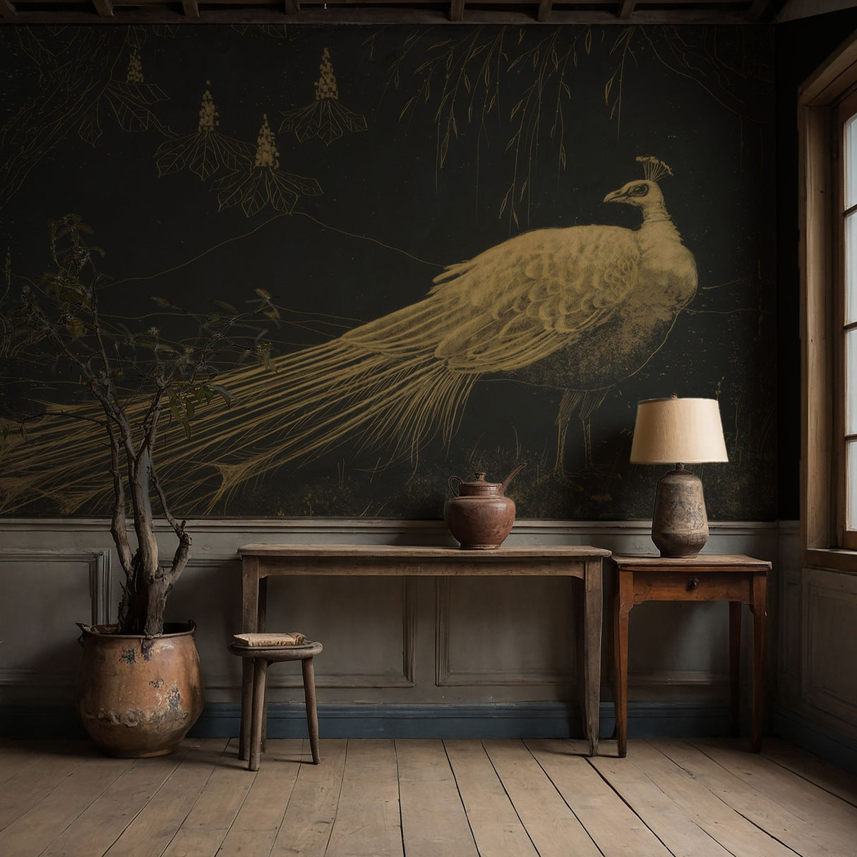 Charcoal Peacock | Dark Moody Vintage Bird Wallpaper Mural Wallpaper Mural Sckribbles
