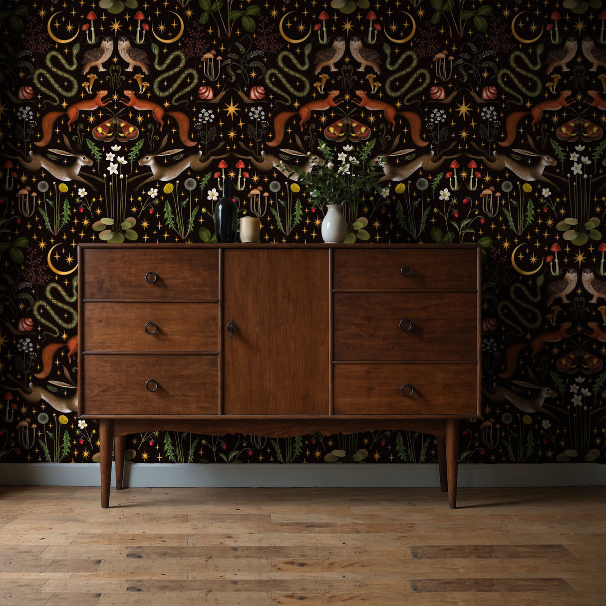 Mystic Forest | Dark Moody Whimsical Woodland Animal Wallpaper Wallpaper Sckribbles