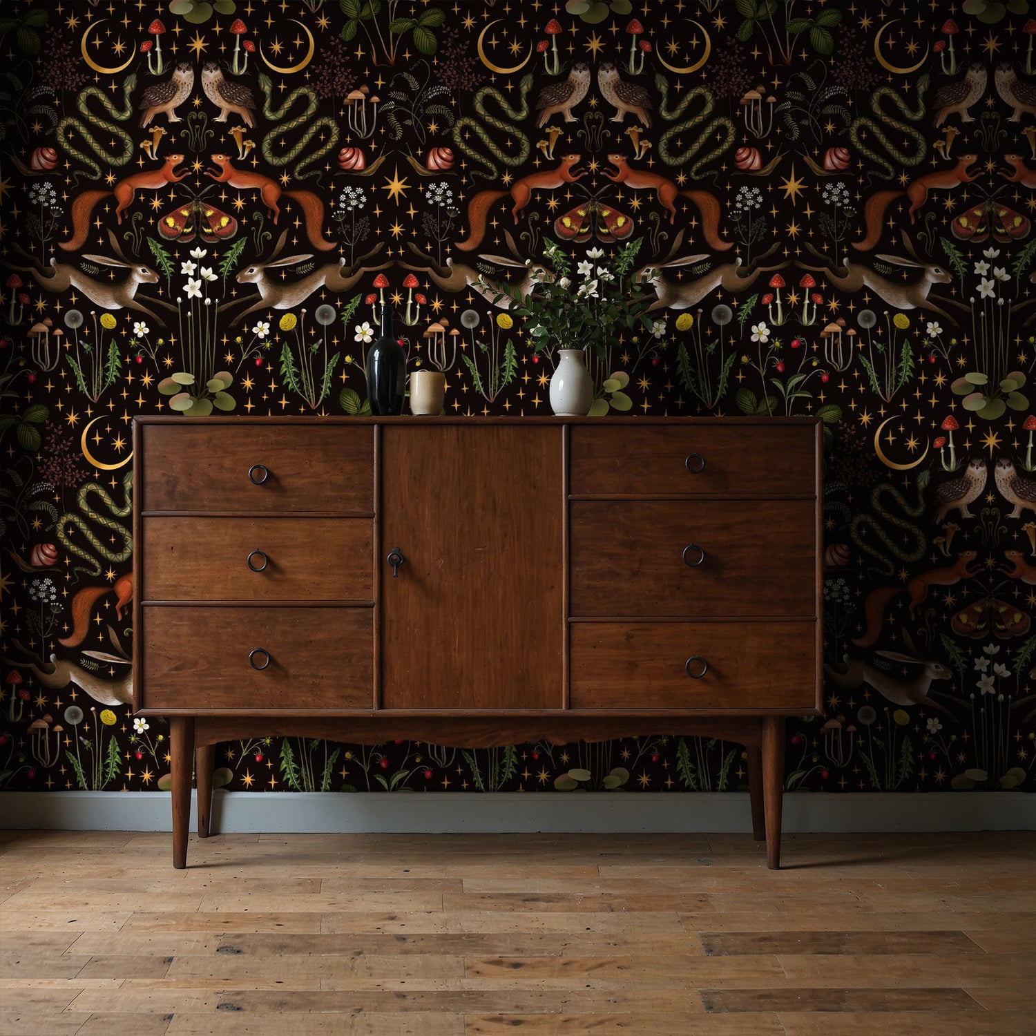 Mystic Forest | Dark Moody Whimsical Woodland Animal Wallpaper Wallpaper Sckribbles