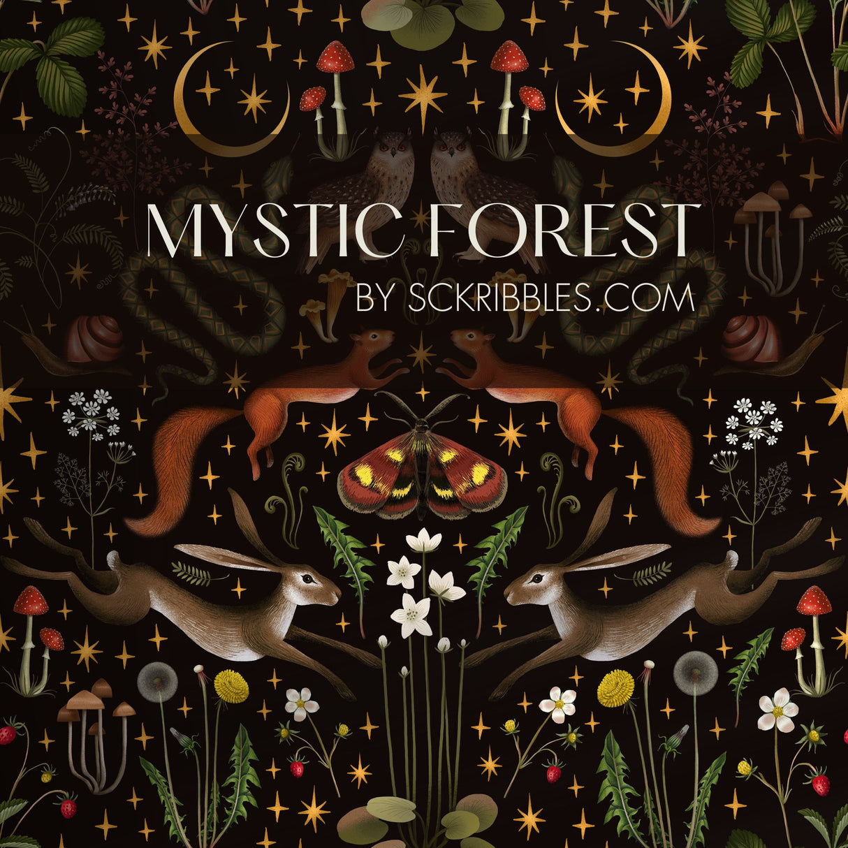 Mystic Forest | Dark Moody Whimsical Woodland Animal Wallpaper Wallpaper Sckribbles