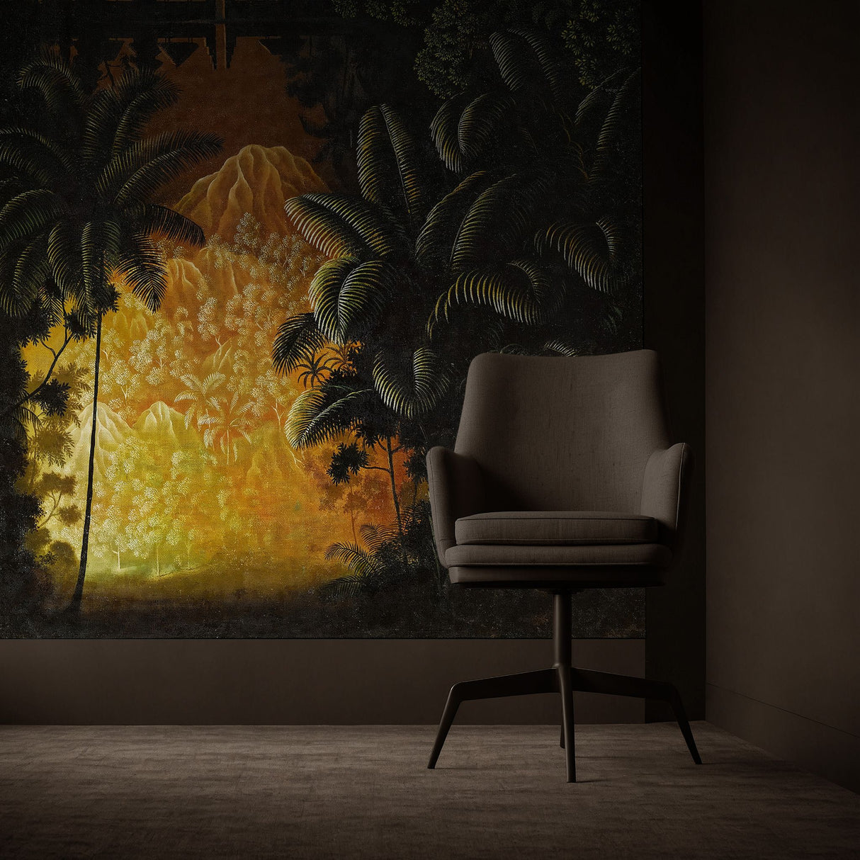 Midnight Canopy | Moody Dramatic Tropical Palm Tree Wallpaper Mural Wallpaper Mural Sckribbles