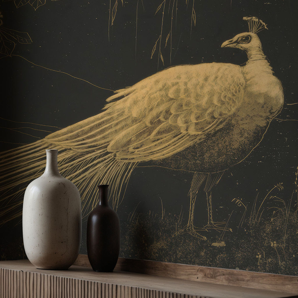 Charcoal Peacock | Dark Moody Vintage Bird Wallpaper Mural Wallpaper Mural Sckribbles
