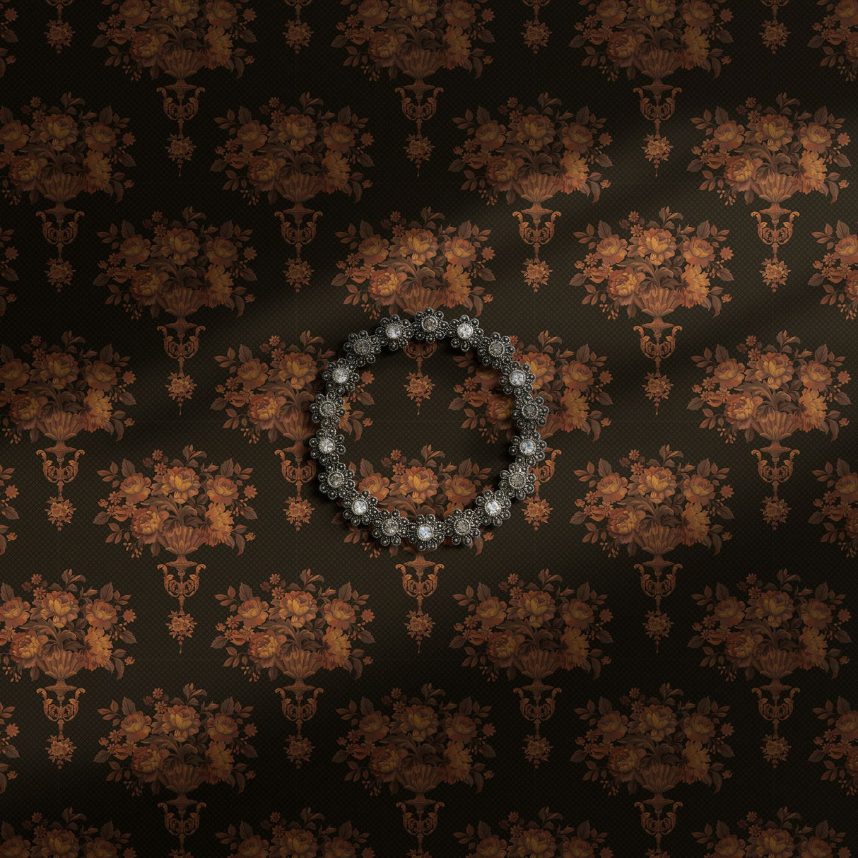 Moody dark brown floral wallpaper.