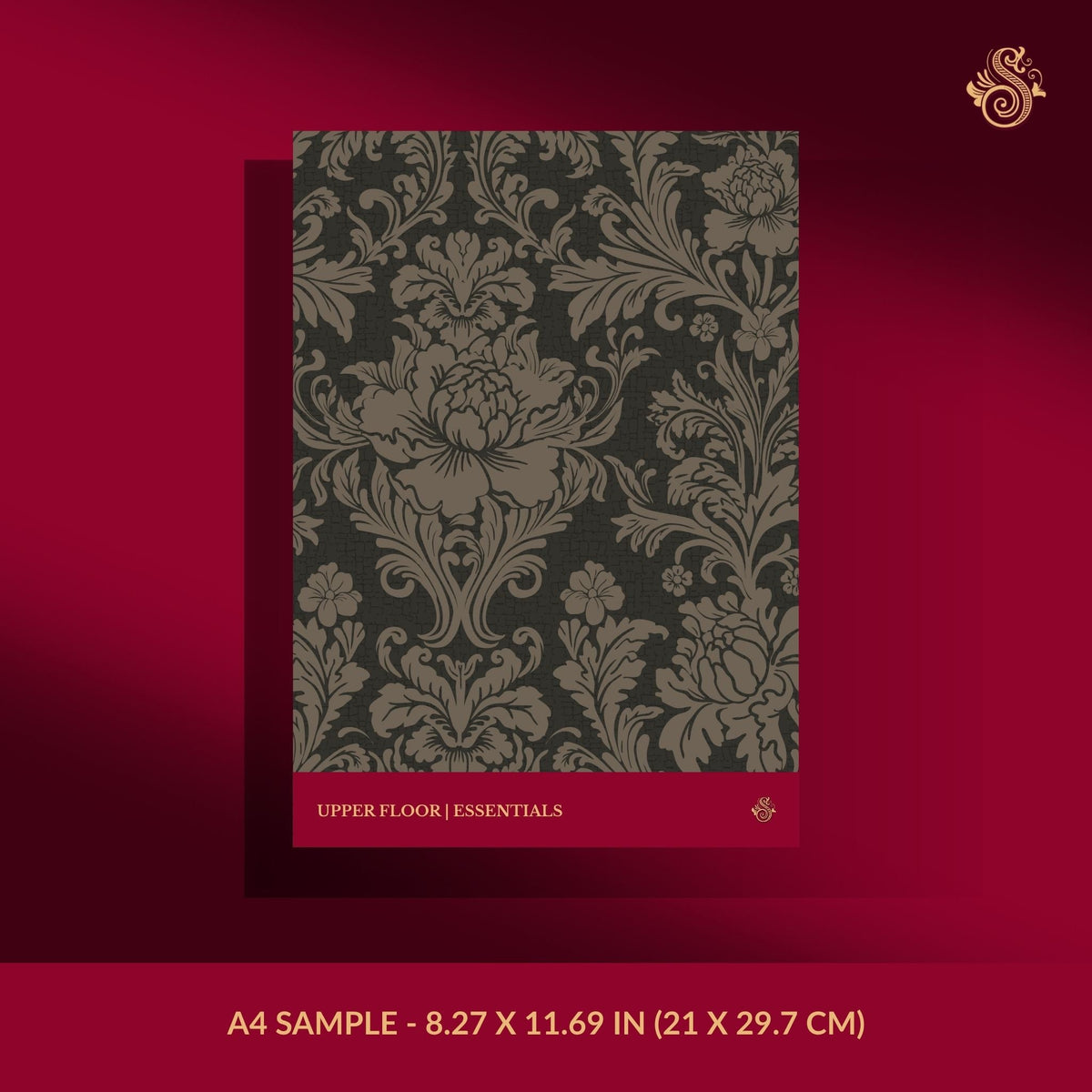 Dark moody brown damask wallpaper sample.