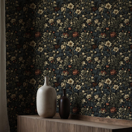 Leafy Luxe | Dark Floral Botanical Garden Wallpaper Wallpaper Sckribbles
