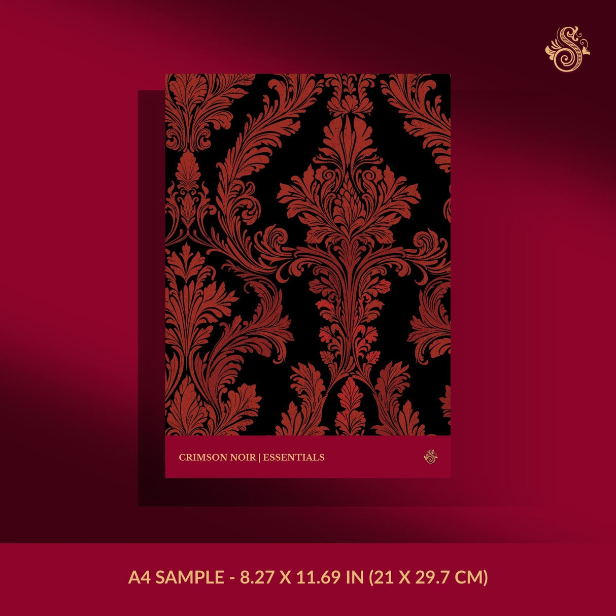 Black and red damask wallpaper sample.