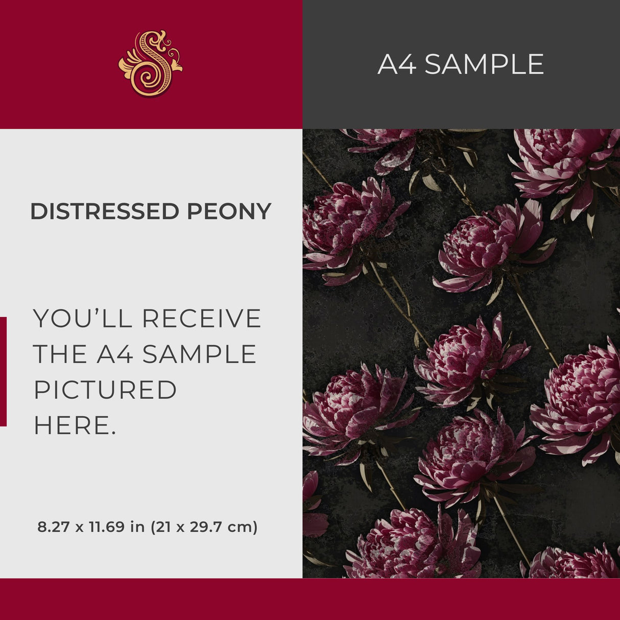 Distressed Peony | Dark Moody Floral Wallpaper Wallpaper Sckribbles Signature - Premium Non-Woven A4 Sample - 8.3 × 11.7 in (21 × 29.7 cm)