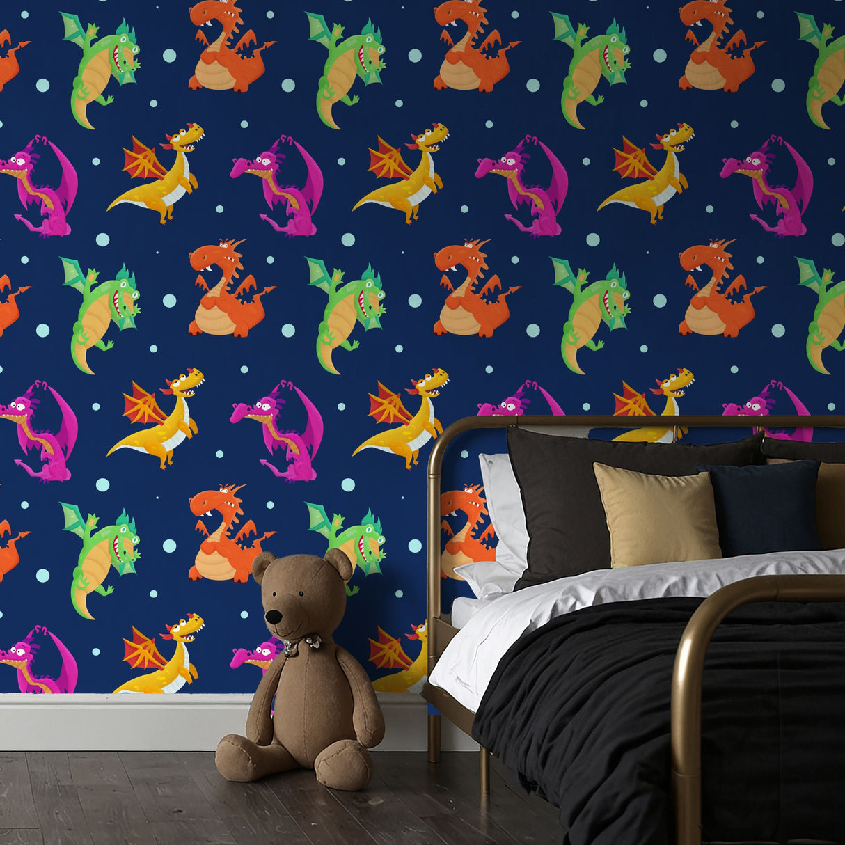 Scales & Tails | Bright Colorful Dragons Boy's Room Wallpaper Wallpaper Sckribbles