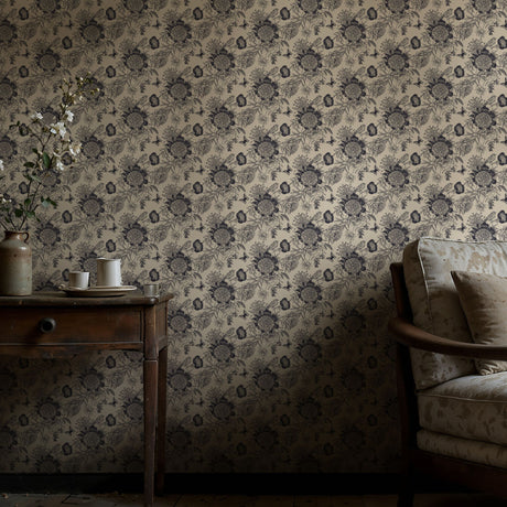Petals & Plumage | Blue & Cream Monochrome Floral Bird Wallpaper Wallpaper Sckribbles