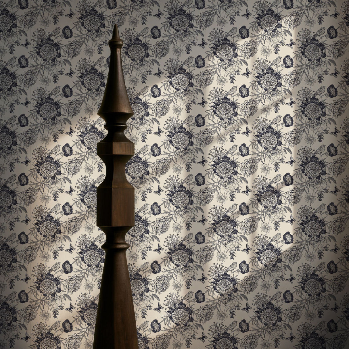 Petals & Plumage | Blue & Cream Monochrome Floral Bird Wallpaper Wallpaper Sckribbles