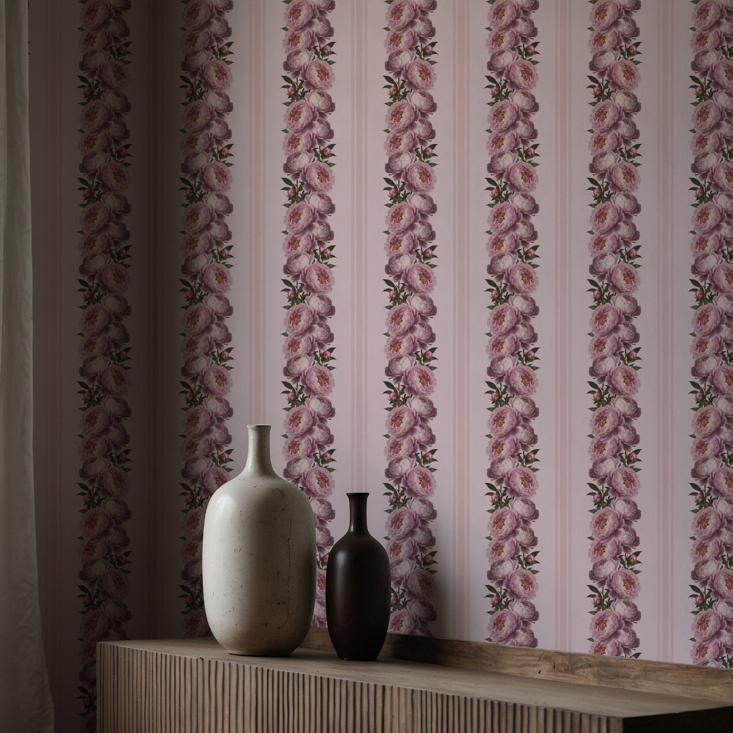 Feminine Flourish | Pink Striped Coquette Floral Peony Wallpaper Wallpaper Sckribbles
