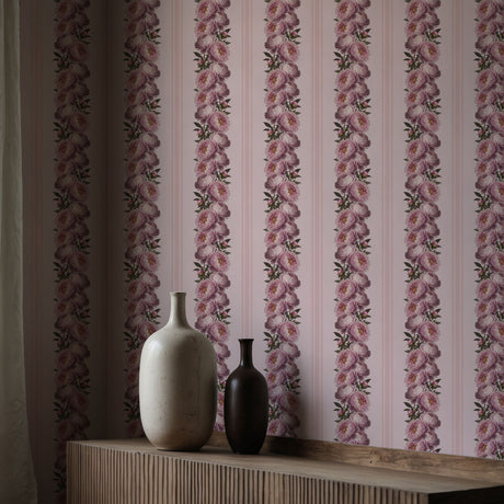 Feminine Flourish | Pink Striped Coquette Floral Peony Wallpaper Wallpaper Sckribbles