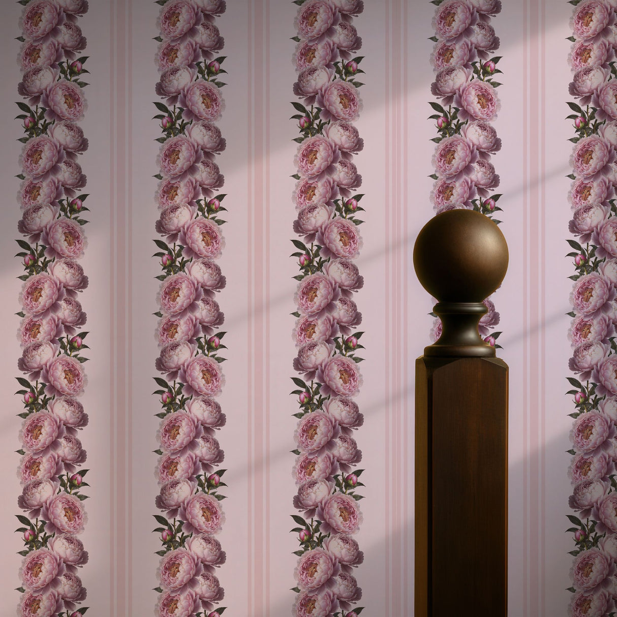 Feminine Flourish | Pink Striped Coquette Floral Peony Wallpaper Wallpaper Sckribbles