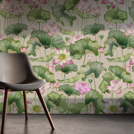 Aqua Garden | Feminine Green & Pink Water Lily Wallpaper Wallpaper Sckribbles