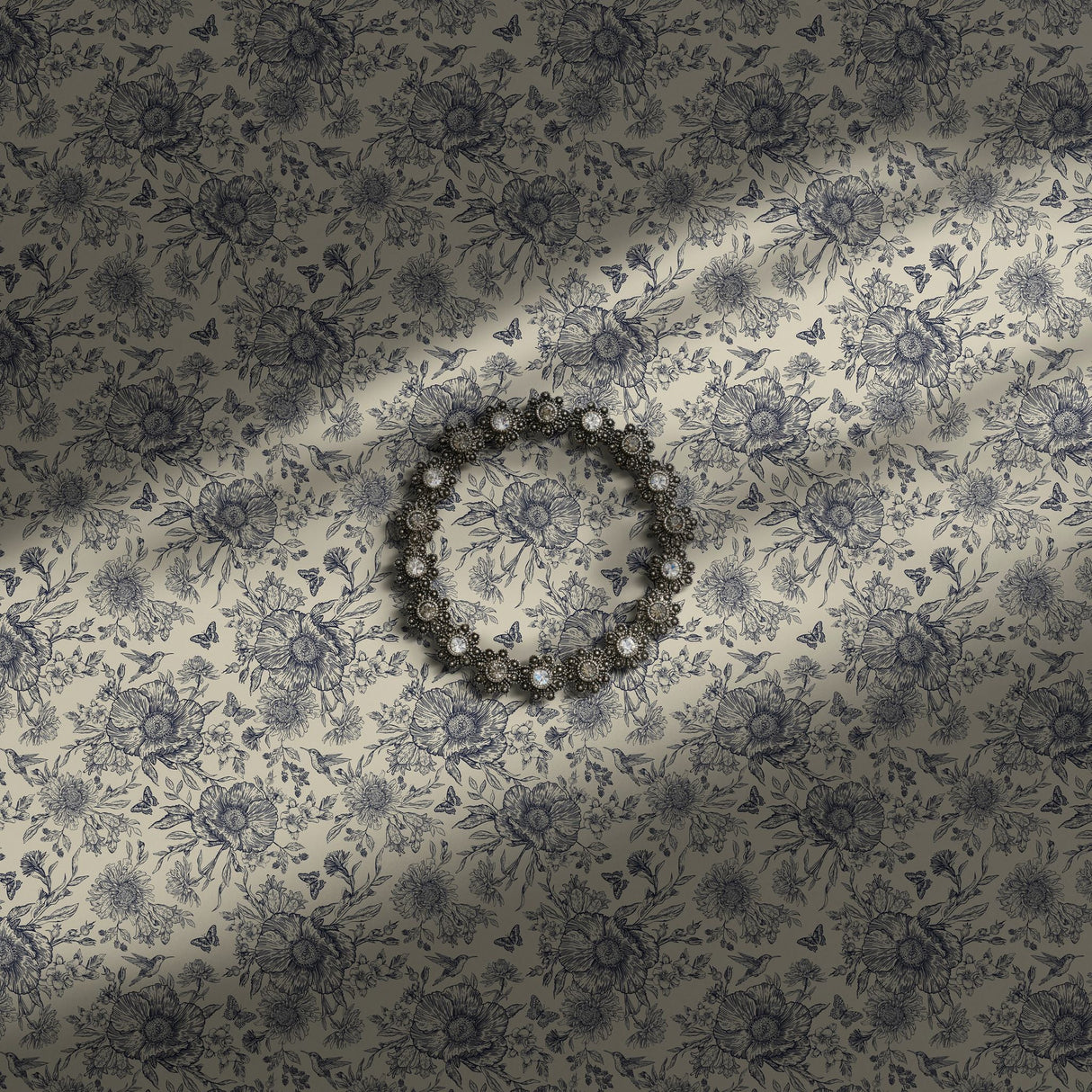 Feminine cream and blue floral wallpaper with birds, berries, and butterflies.