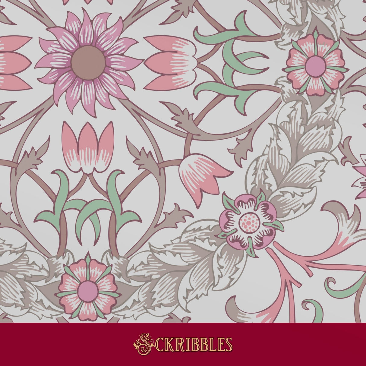Feminine William Morris Ceiling wallpaper in pink and grey.