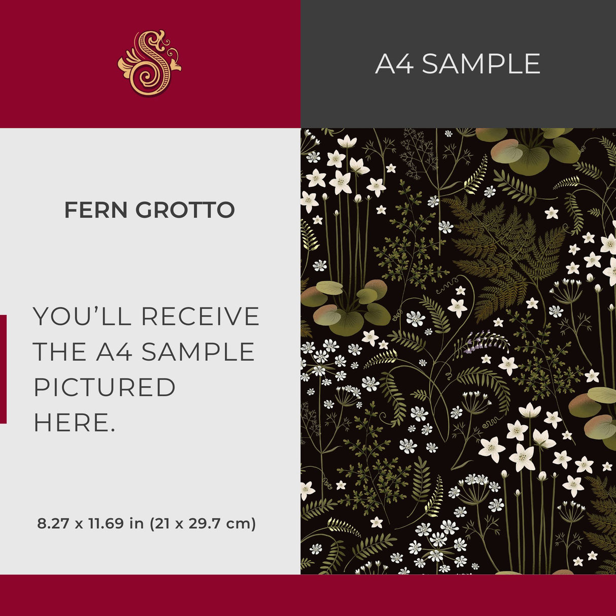 Fern Grotto | Dark Black and Green Floral Botanical Wallpaper Wallpaper Sckribbles Signature - Premium Non-Woven A4 Sample - 8.3 × 11.7 in (21 × 29.7 cm)