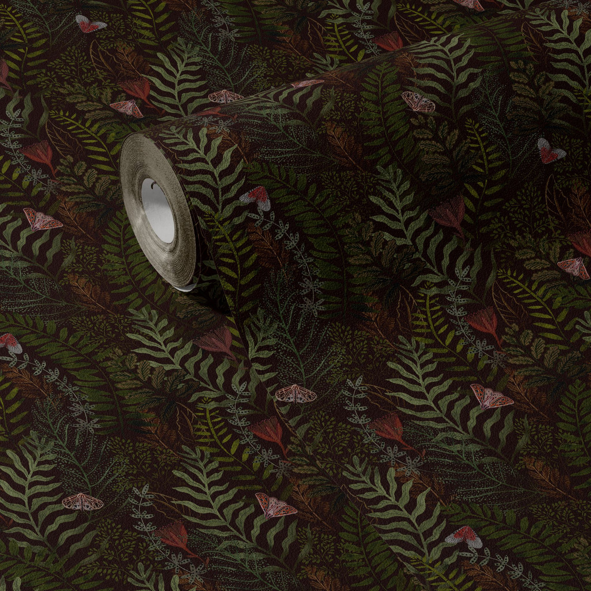 Fern & Flutter | Green Dark Moody Butterfly Botanical Wallpaper Wallpaper Sckribbles