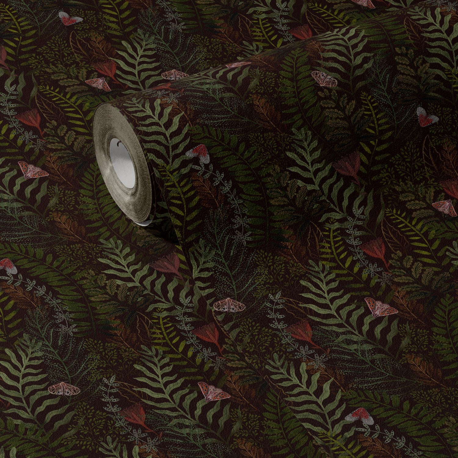 Fern & Flutter | Green Dark Moody Butterfly Botanical Wallpaper Wallpaper Sckribbles